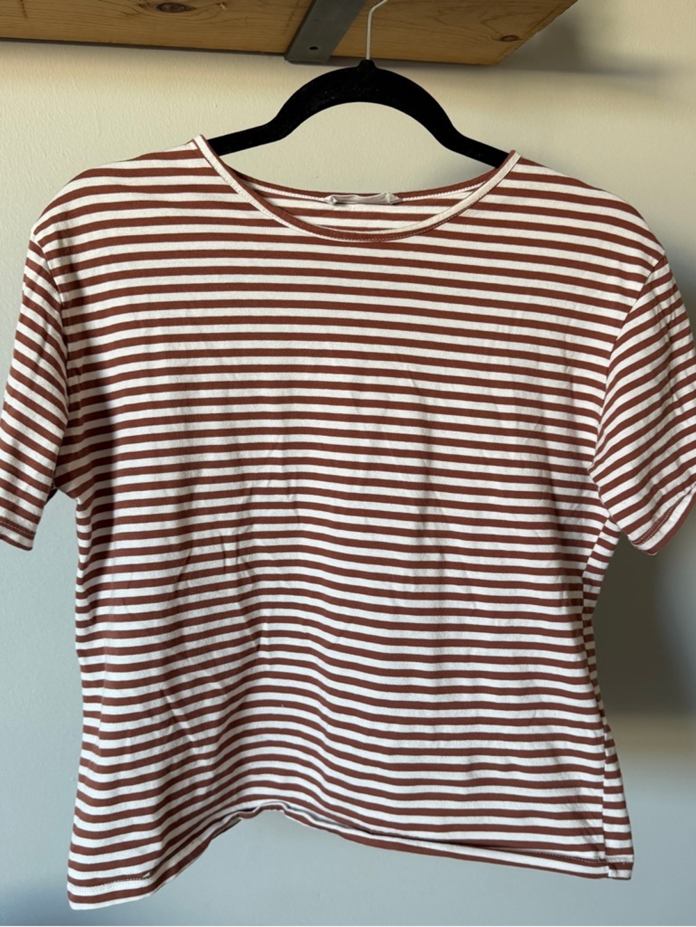 Mango Striped Crewneck Tee in White and Rust Brown